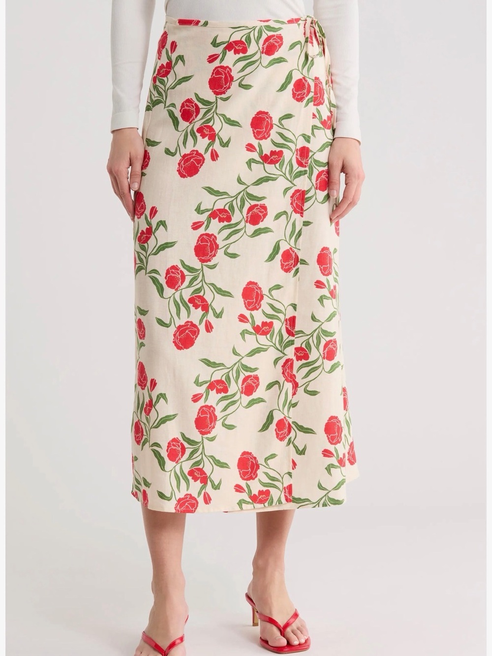 Scotch & Soda Cream Linen Blend Midi Skirt with Red Floral Print, Size XS
